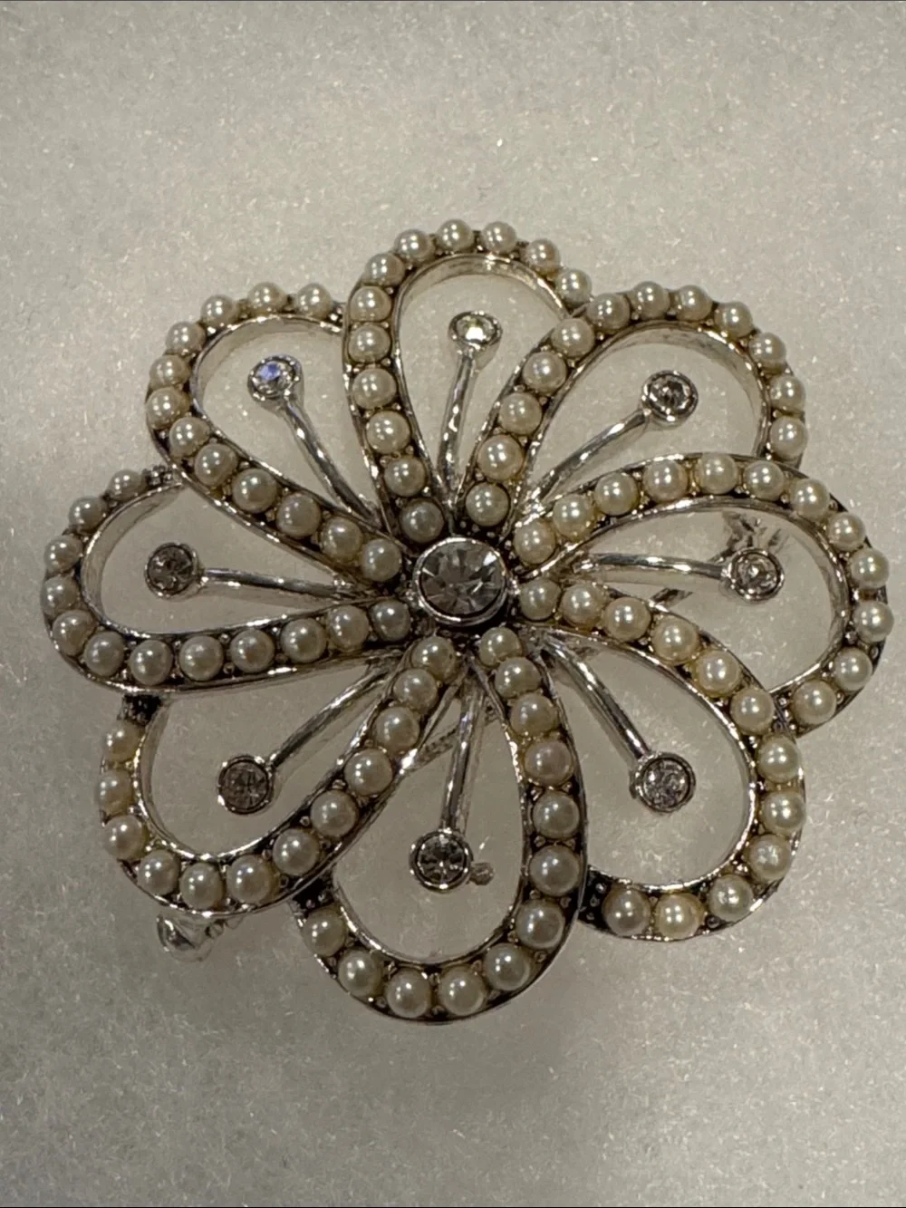Monet Vintage Pearl Rhinestone Silver Tone Swirl Flower Brooch Pin Collectible
